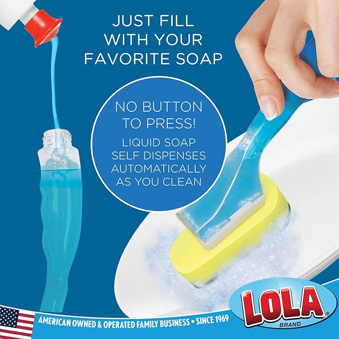 LOLA Dish Brush w/Soap Dispenser Wand, 1 Brush w/Head & 6 Refills, Absorbent Sponge Scrubber, No Leaking. Clean Dishes, Sinks and Cookware (Pack of 2)