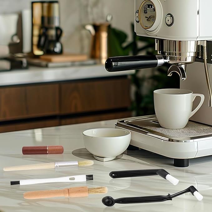 6pcs Coffee Cleaning Brush Set, Natural Bristle Coffee Grinder Brush Long Handle Barista Espresso Machine Cleaning Tools for Maker Cups Portafilters