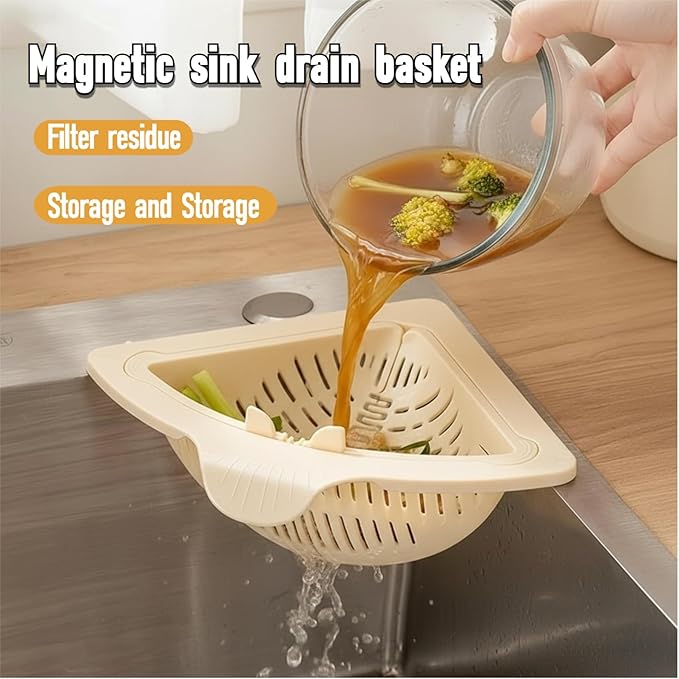 Magnetic Drainage & Filter Basket, Triangular Sink Strainer with Twist-Open Bottom, Kitchen Sink Corner Rack for Draining & Storage, Punch-Free Installation, No Tools Needed (Milky White)