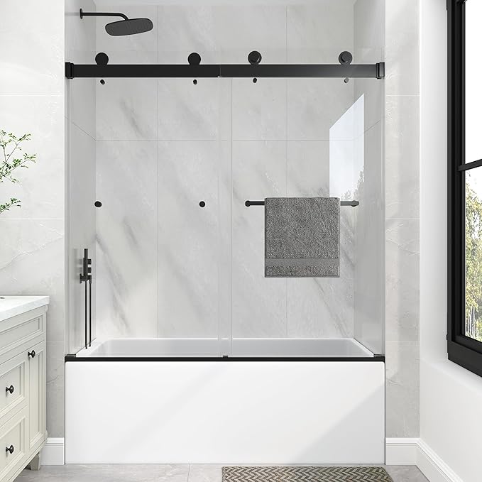 KPUY Frameless Tub Shower Door, 55-60" W x 60" H Double Sliding Bathtub Door, 1/4" (6mm) Thick Tempered Clear Glass with Explosion-Proof Film Nano Coating, Matte Black