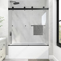 KPUY Frameless Tub Shower Door, 55-60" W x 60" H Double Sliding Bathtub Door, 1/4" (6mm) Thick Tempered Clear Glass with Explosion-Proof Film Nano Coating, Matte Black