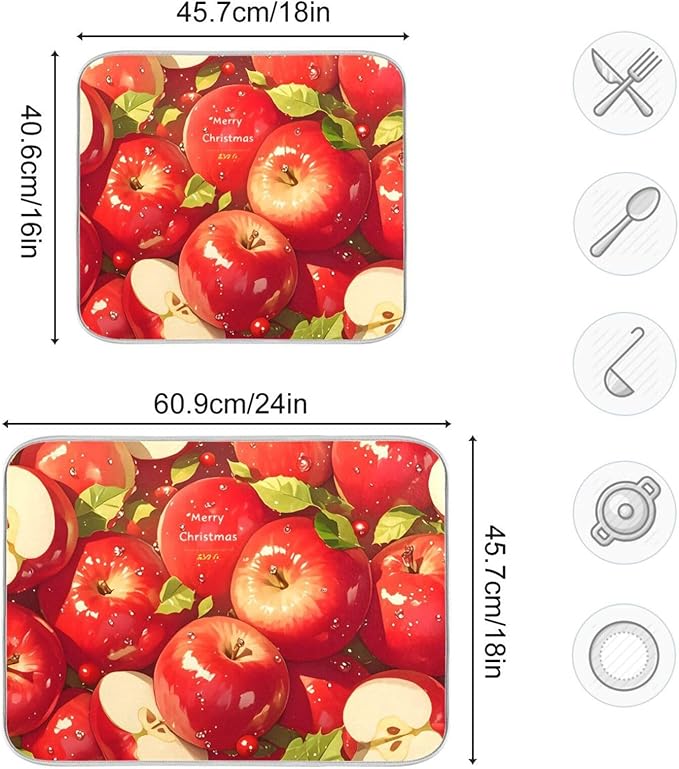 Red Apples Dish Drying Mat for Kitchen Counter Absorbent Microfiber Drying Pad, Medium 16x18 in