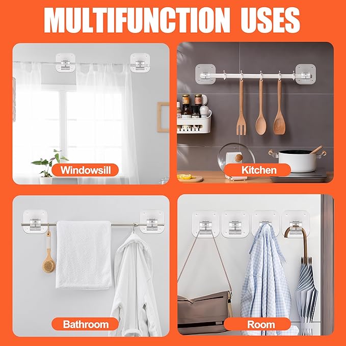 Adhesive Curtain Rods No Drilling Holder,No Drill Curtain Rod Brackets,Renter Friendly Curtain Hooks for Hanging Drapes,Over Blinds for Dorm Apartment Kitchen Bedroom Home Bathroom