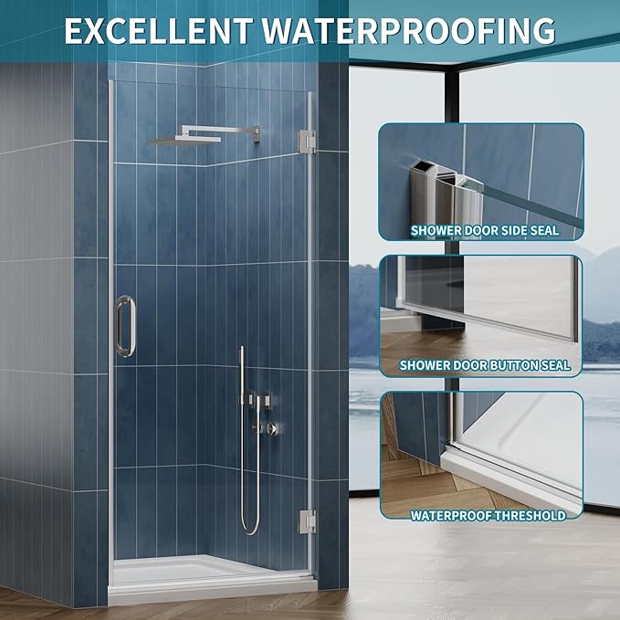 Framelss Hinged Shower Door, 36"W x 76"H Single Swing Pivot Shower Door, 3/8" (10mm) Tempered Glass with Nano Coating, Stainless Steel Handle, Glass Door for Walk-in Shower - Brushed Nickel