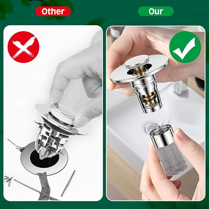 3 in 1 Sink Drain Strainer with Hair Catcher,4PCS Stainless Steel Popup Sink Stopper with Basket for Bathroom Kitchen Shower,Pop-up Bounce Core Floor Basin Drain Filter,Replacement Sink Plug