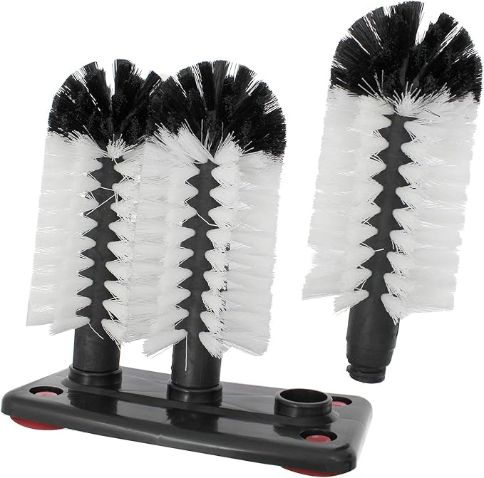 Glass Washer Brush Cleaner Bristle Brush with 3 Brushe Heads & Suction Base for Beer Cup, Long Leg Cup, Red Wine Glass and More Bar Kitchen Sink Home Tools
