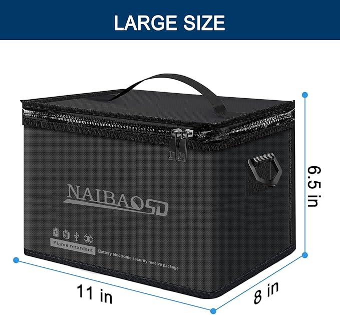 Fireproof Explosionproof Lipo Battery Bag for Lipo Battery Storage and Charging, Large Capacity Fire Resistant Detachable Shoulder Strap with Double Metal Zipper (11 x 8 x 6.5 in)