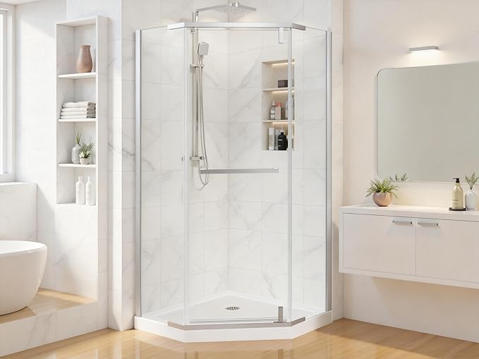 36" D x 36" W x 72" H Neo-Angle Frameless Shower Door, 1/4” (6MM) SGCC Tempered Glass with Explosion-Proof Film and Nano Coating, Brushed Nickel Stainless Steel Frame