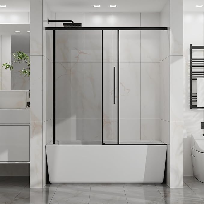 Semi-Frameless Sliding Bathtub Door 60" W x 58" H, 1/4" Clear Tempered Glass, Reversible Installation, Stainless Steel Hardware, Matte Black Finish, Space-Saving Glass Tub Shower Door for Bathrooms