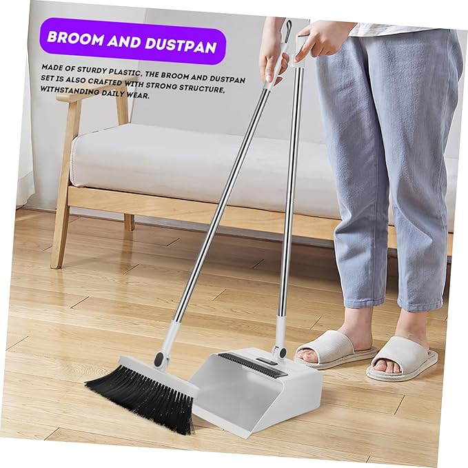 GLEAVI Broom and Dustpan Set 3 in 1 Long Handle Broom with Standing Dustpan Compact Folding Dust Pan Set for Indoor and Outdoor Cleaning
