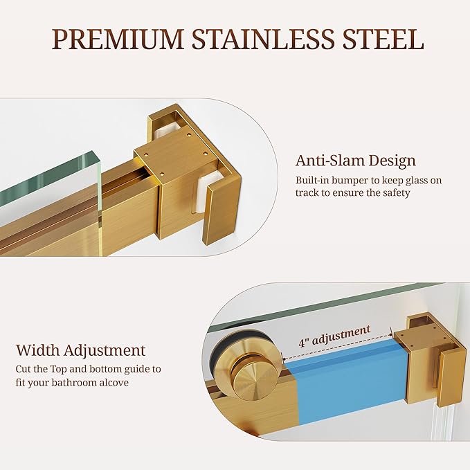 56-61" W x 60" H Bathtub Shower Door, Double Sliding Bathtub Glass Door with 3/8" (10mm) SGCC Tempered Glass, Dual 304 Stainless Towel Bars Bathroom Shower Door for Bathtub (Brushed Gold)