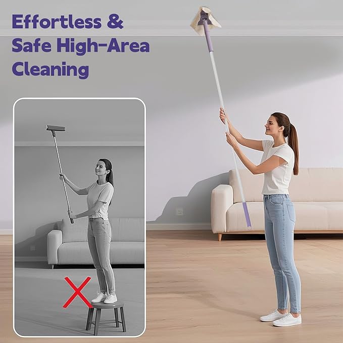 ClicLak Wall Cleaner Mop, Instantly Attach & Remove Cloth Touch-Free, Triangular Clamp Clip Ceiling Cleaning Duster with 67 Inches Handle, 5 Dry Cloths for Walls, Window, Floor, Baseboard
