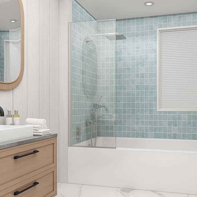Sunrosa 24"×60" Bathtub Glass Panel,8mm Thick Shower Screen,Brushed Nickel Semi-Frameless Bathroom Shower Door, Easy to Clean