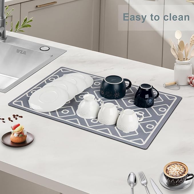 SUEH DESIGN Dish Drying Mat, Absorbent Coffee Mat 19.6 x 11.8 in Quick Dry Drying Mats Large Coffee Mat for Coffee Bar Kitchen Countertop, Gray