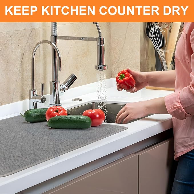 Dish Drying Mat 24 x 17 in, Large Microfiber Drying Mats, Absorbent Quick Dry Pad for Kitchen Counter, Countertop Protector for Dishes, Pots & Pans, Machine Washable, Gray (2 PCS)