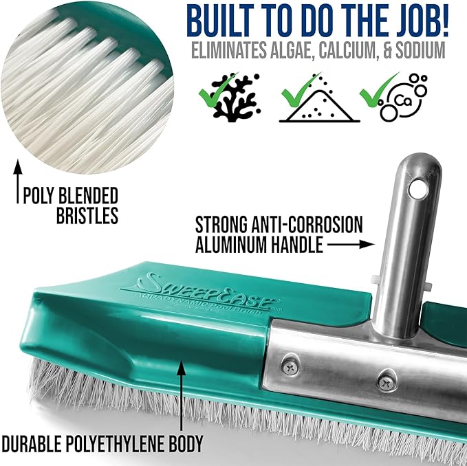 SweepEase® Swimming Pool Brush, 18" Pro Series Pool Brush, Durable Poly Bristles, Sticks to Walls and Floor Guaranteed, Green, Patented Design