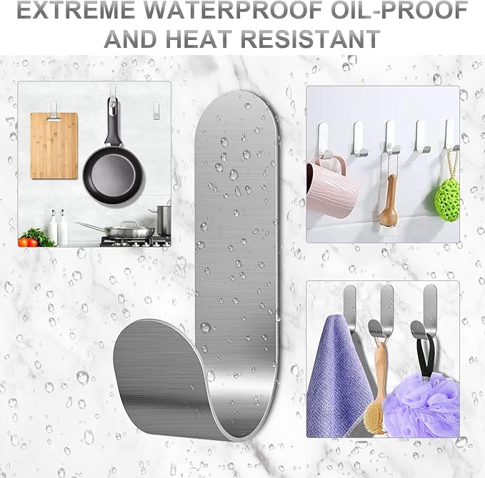 Self Adhesive Towel Hooks, 304 Stainless Steel Heavy Duty Shower Hook for Bathroom, Kitchen, Living Room and Hotel to Hang Towels, Keys, Bags and Hats - 20 Pack