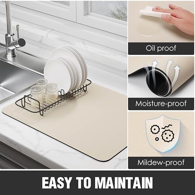 Dish Drying Mat for Kitchen Counter Super Absorbent Drainer Mats with Non-slip Rubber Backed Hide Stain Heat Resistant Easy to Clean Dish Rack Mat (Beige, XL-31.5"x17")