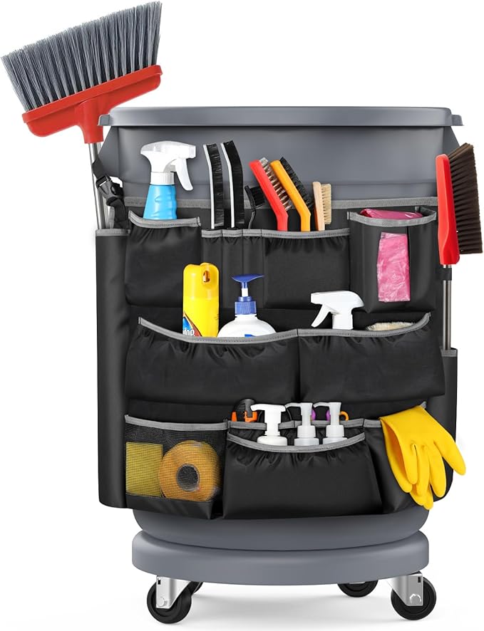 Housolution Trash Can Caddy Bag, Upgraded 3 Tier Large Capacity Cleaning Supplies Bag, Fits for 32-55 Gallon Garbage Bin, 15 Pockets Cleaning Tool Storage Organizer for Housekeeping & Janitorial