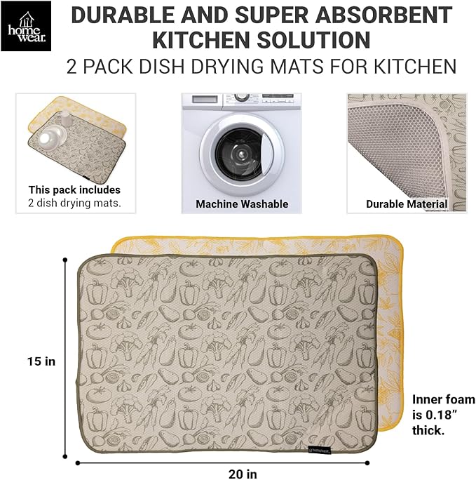 2 Pack Printed Dish Drying Mats for Kitchen, Super Absorbent Polyester, 15 x 20 inches, Countertop Sink, Machine Washable, Veggies & Lemon