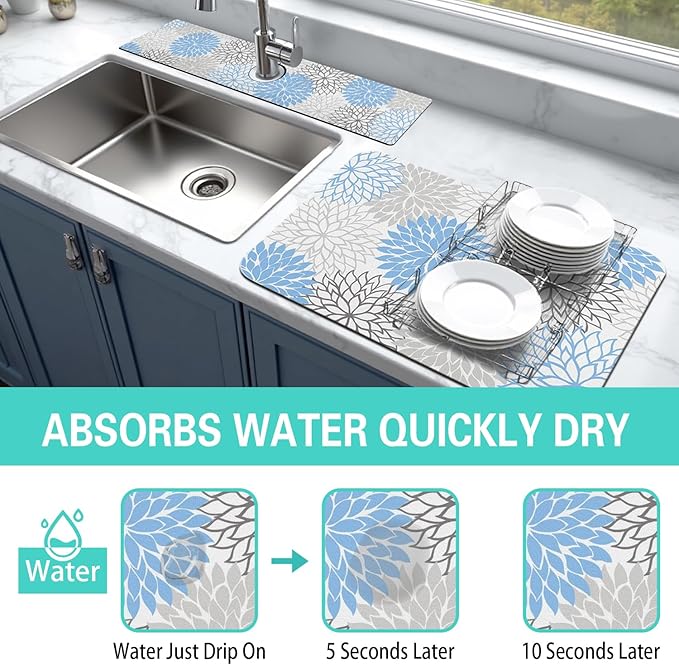 Dish Drying Mat for Kitchen Counter Matt, 2PCS 23"x15" Dish Drainer Mat & 24"x5.5" Sink Splash Guard, Super Absorbent Non-slip Rubber Backed