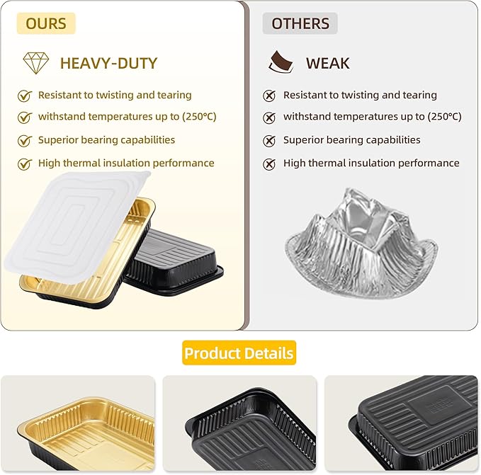 Aluminum Foil Pan with Lids,Heavy Duty Disposable Aluminum Baking Pans,14.57"×10.63" Steam Table Pan for Cooking,Heating, Storing,Prepping Roasting and Chafing (5 Pack Black and Gold w/Lids)