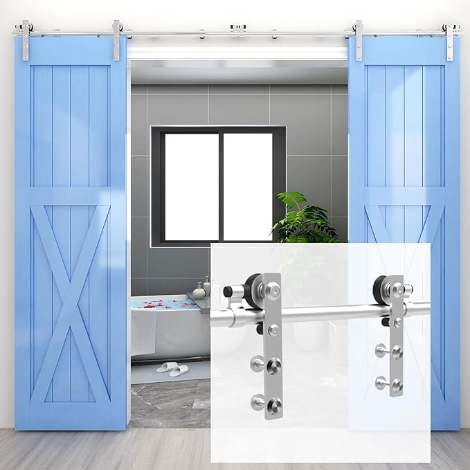 CCJH 7Feet Sliding Barn Door Hardware Kit Stainless Steel Heavy Duty Sliding Track Brushed Nickel for Double Wood Door
