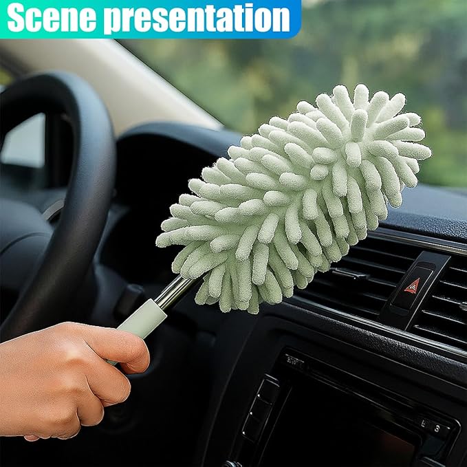 2PCS Car Interior Duster with Extension Pole – Washable Microfiber Dusters Detailing Brushes with Bendable Head, Long Handle Cleaning Duster Tool for Car Dash, Vents, Window, Furniture, Office (Green)