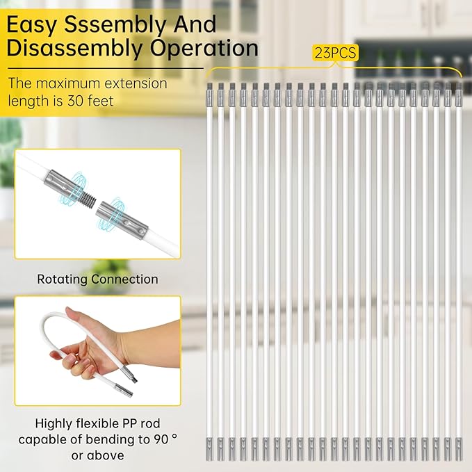 30 Feet Dryer Vent Cleaner Kit, Duct Cleaning Brush with 23 PP Rods and 4-Inch and 6-Inch Dryer Vent Brush, Dryer Cleaning Kit Suitable for Dryer Duct Cleaning Kit for Chimneys, Pipes,Dryers,Crevices