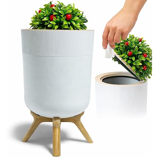 Small Bathroom Trash Can with Plant Style Lid, 1.8 Gallon, White, Small Bathroom Garbage Can, Decorative Wastebasket for Bedroom, Office, and Bathrooms, Trash Bin That Looks Like a Plant