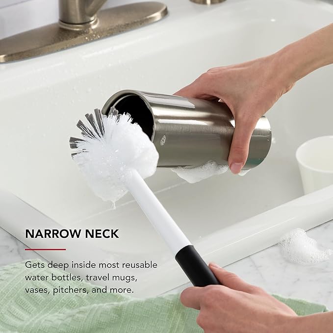 KitchenAid Narrow Neck Bottle Brush for Travel Mugs, Water Bottles, Vases, and More, Non Slip Comfort Grip Handle, Black and White