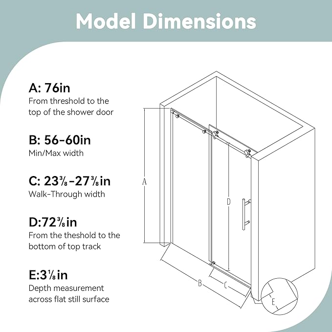 56-60" W x 76" H Stainless Steel Frameless Single Sliding Shower Door, 1/4" (6mm) SGCC Clear Tempered Glass, Reversible Installation, Matte Black Finish