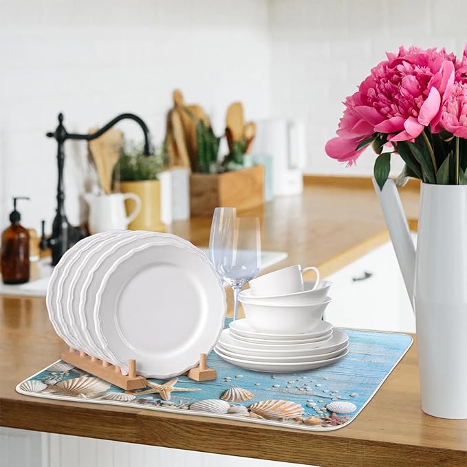 Dish Drying Mat for Kitchen Absorbent Drying Mat Reversible Kitchen Drying Pad for Utensils Pots Water Cup Sea Star Shell