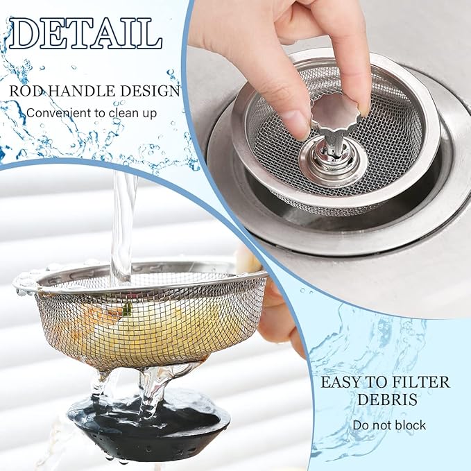 Kitchen Sink Strainer with Handle and Stopper Replacement Kitchen Sink Drain Basket/Stopper/Plug 3.3 Inch Stainless Steel Kitchen Sink Drain Strainer Mesh Sifter Filter(‎Silver)