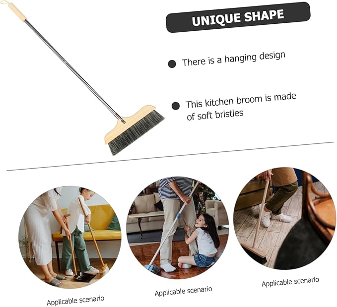 Soft Bristle Broom with Long Handle Frame Floor Brush for Home Cleaning Beveled Edge Sweeping Brush for Corners and Under Furniture Static Kitchen Broom with Hanging Rope Design