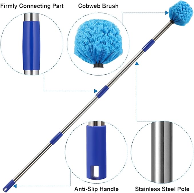 Cobweb Duster with Extension Pole, 10 FT Stainless Steel Pole with Spider Web Brush Head Ceiling Fan Duster for Outdoor Indoor Cleaning, Reach UP to 16-18 FT