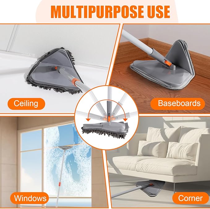 Wall Cleaner Mop with Long Handle 82 Inches, 3-in-1 Ceiling Cleaning Tool Duster Adjustable Length with Replacement Microfiber Chenille Pads (4 Pads)