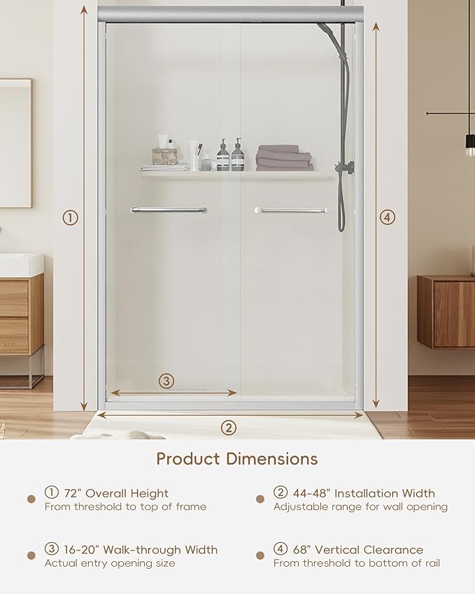 Shower Door 44-48'' W x 72'' H Semi-Frameless & Double Sliding, 1/4 inch (6mm) Thickness Clear Tempered Glass for Walk-in Shower, Brushed Nickel