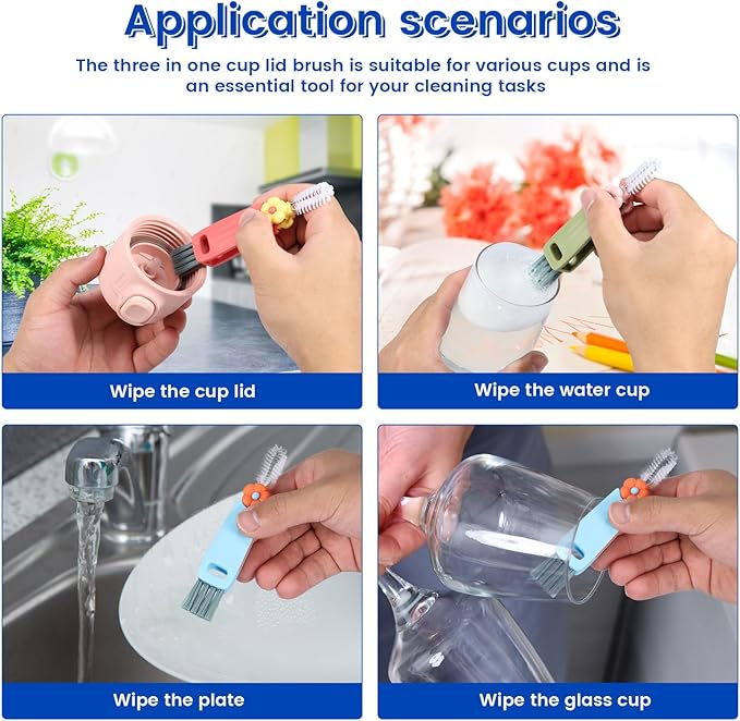 6 Pack 3 in 1 Cup Lid Cleaning Brush, 180° Rotatable Bottle Brush Gap Cleaner, Multifunctional Hangable Crevice Cleaning Brush for Baby Bottle, Water Bottle, Tumbler & Kitchen Mugs