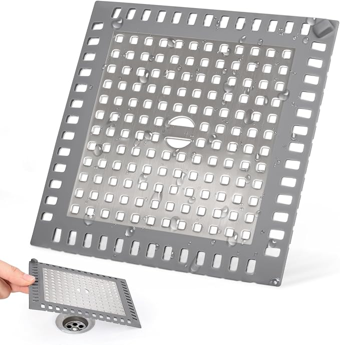 Shower Drain Hair Catcher, 4.72" Shower Drain Cover, All-in-One Universal Sink & Shower Drain Strainer, Easy Installation, Stainless Steel and Silicone Bathroom Accessories for Tub, Bathtub (Square)