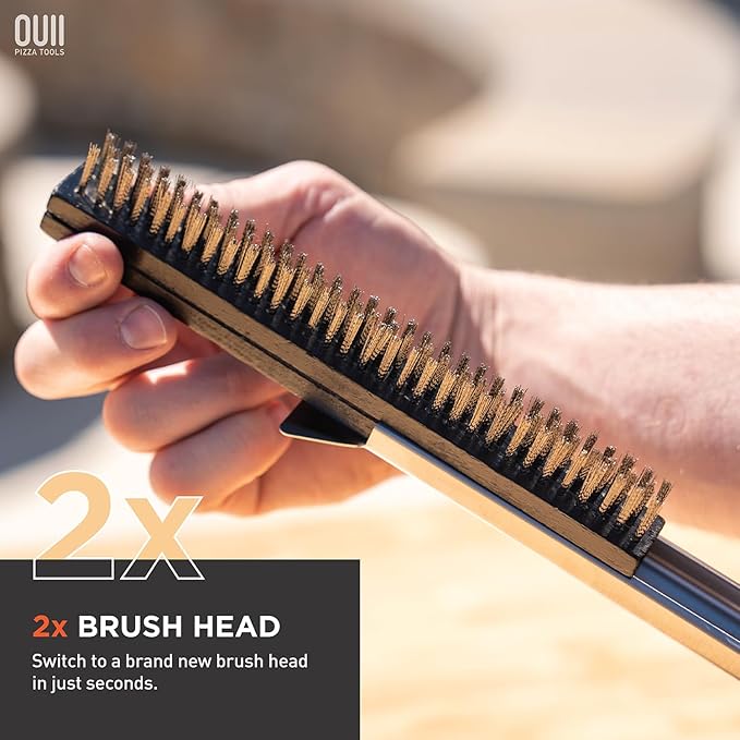 26'' Pizza Oven Brush with Stone Scraper - Includes 2 Brush Heads, Heat-Resistant Silver Stainless Steel Bristles - Long Grip Handle, Compatible with Ooni, Gozney, Blackstone, Solo Stove Ovens