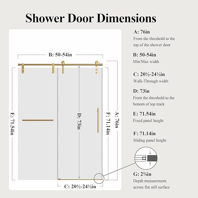 50-54" W x 76" H Frameless Sliding Shower Door, Safety Bathroom Single Sliding Glass Doors with 5/16" (8mm) SGCC Tempered Glass, Stainless Steel Handle and Heavy Duty Frame, Brushed Gold