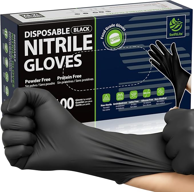 Nitrile Gloves Disposable Latex Free, 4 Mil Black Food Grade Powder Free Rubber Gloves for BBQ, Cooking, Cleaning