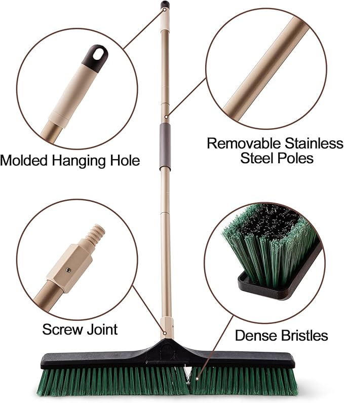 Eyliden Heavy Duty Push Broom 24" - Garage Sweeper Shop Brooms with 66" Long Handle, Outdoor Stiff Bristles Concrete Push Broom for Sidewalk Driveway Yard Patio Deck Warehouse Sweeping, Sweep Snow