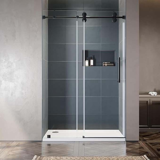 46-49 Inch x 76 Inch Sliding Frameless Shower Door, 3/8" Tempered Glass with Easy-Cleaning Coating, Stainless Steel Rollers & SGCC-Certified Stability, Matte Black