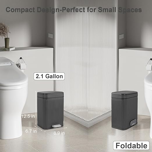 rejomiik Small Bathroom Trash Can with Lid 2.1 Gallon Soft Close Step Slim Garbage Can Waste Bin for Office, Bedroom, Kitchen, Dark Gray