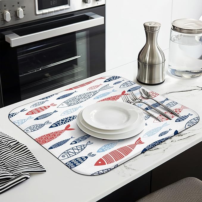 Fish Dish Drying Mat for Kitchen Countertops, Japanese Fish Pattern Microfiber Drying Mat, Washable and Absorbent Farmhouse Style Countertop Dish Drainer, 16x18 Inch