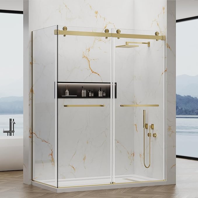 60x76 in Frameless Double Sliding Shower Door with 32x76 in Side Panel, Nano Glass, 304 Stainless Steel in Brushed Gold, L-Shape Design, Reversible Install