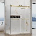 60x76 in Frameless Double Sliding Shower Door with 32x76 in Side Panel, Nano Glass, 304 Stainless Steel in Brushed Gold, L-Shape Design, Reversible Install