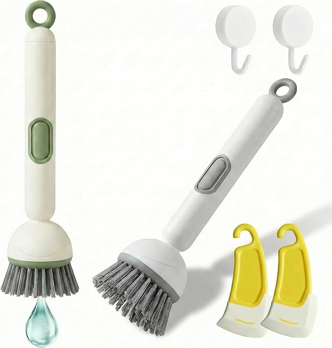 Soap Dispensing Dish Brush Set with 6 Adjustable Angles, No-Leak Kitchen Scrub Brush with Holder & Silicone Scraper, Heavy Duty Dish Wand for Pots, Pans, Sink & Countertop